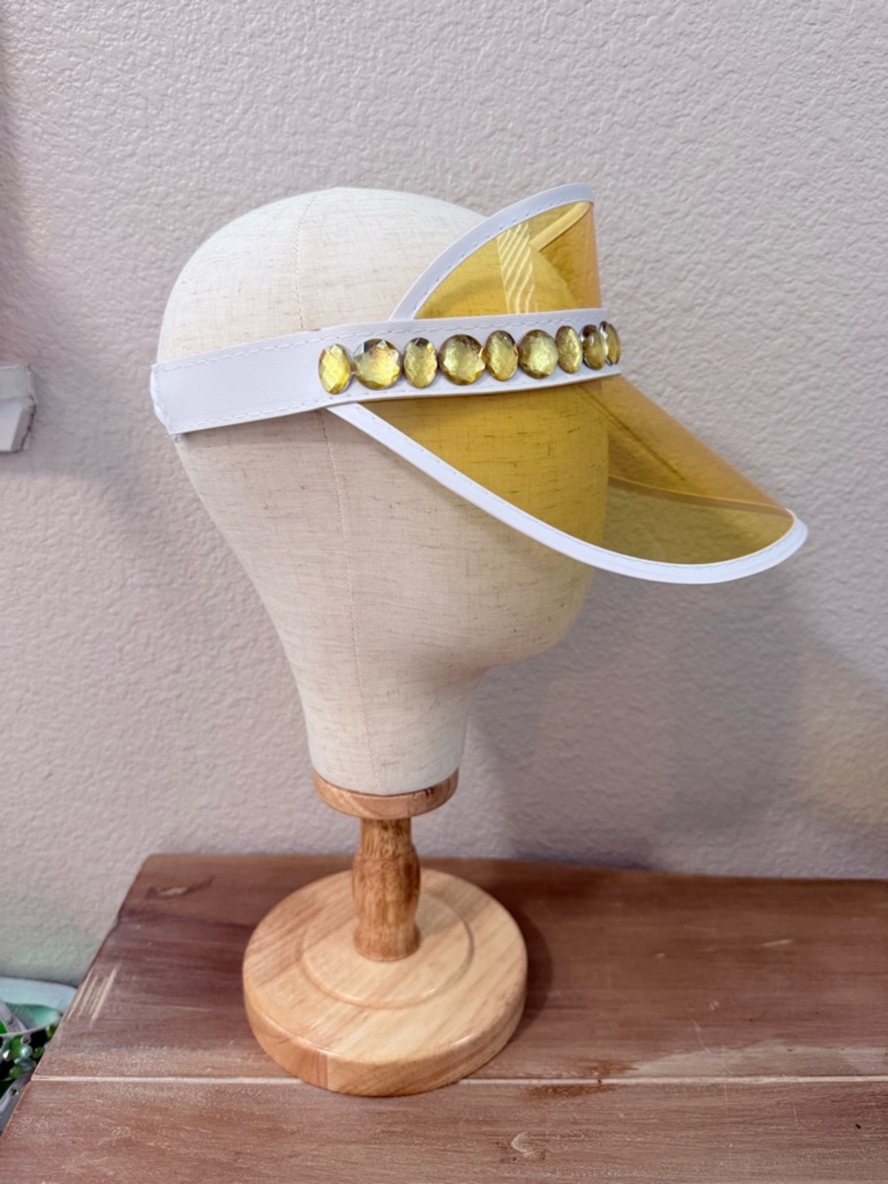 Y2K Yellow Tinted Visor Hat Gold Rhinestone Embellished Retro Sun Visor